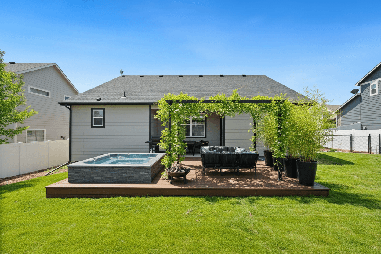 A backyard deck with an ipe hardwood finish, a black steel pergola with jasmine, a raised spa with slate, and bamboo.
