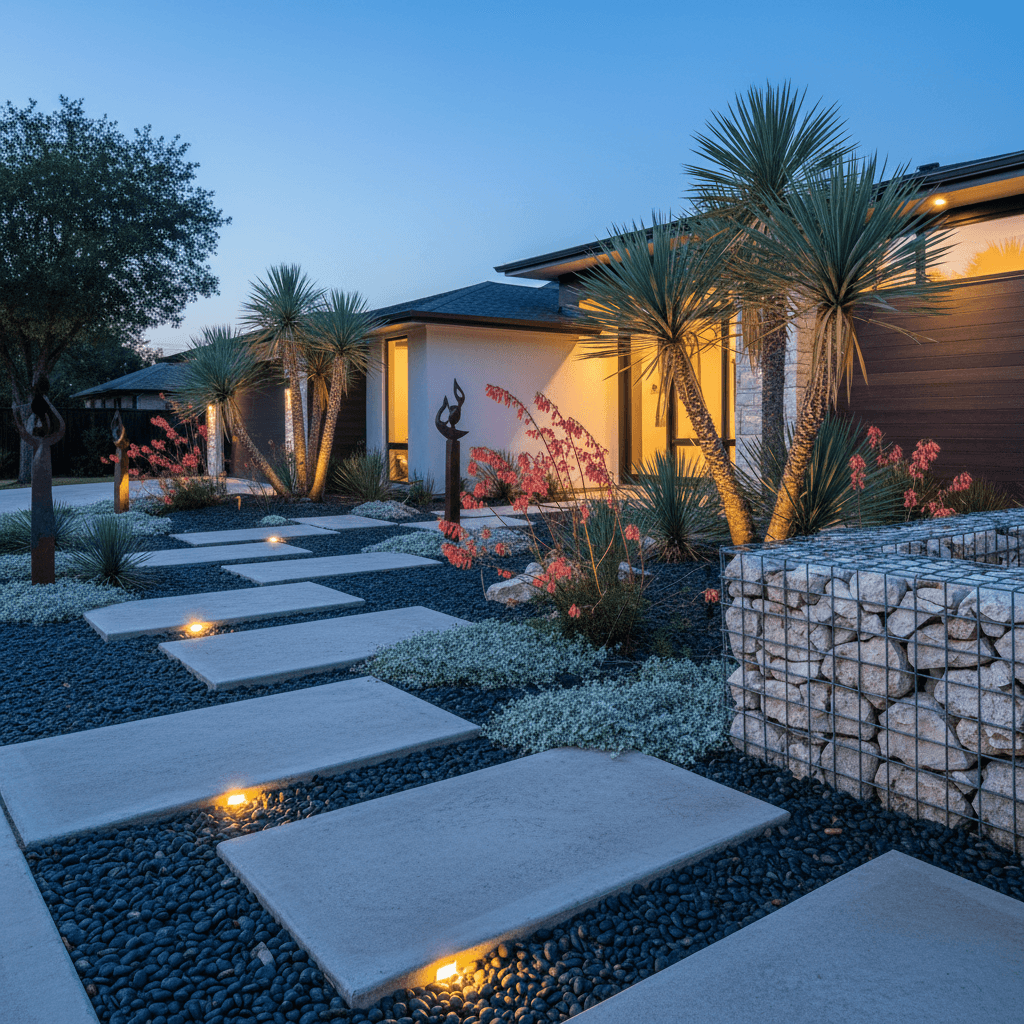 A modern xeriscape with large concrete stepping pads, black pebbles, a gabion wall, and various desert plants.