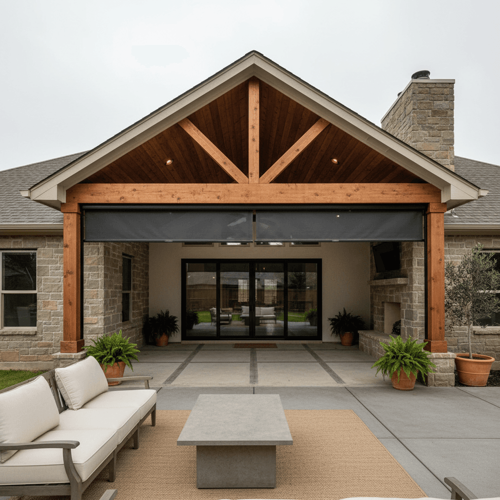 A covered patio with a gable roof, stained cedar ceiling, exposed beams, and drop-down solar screens. Concrete floor with saw-cut joints, ou