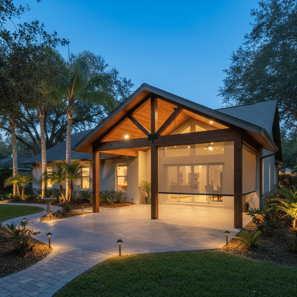 A covered patio with a gable roof, exposed cedar beams, and a drop-down solar screen. The concrete floor is light gray.