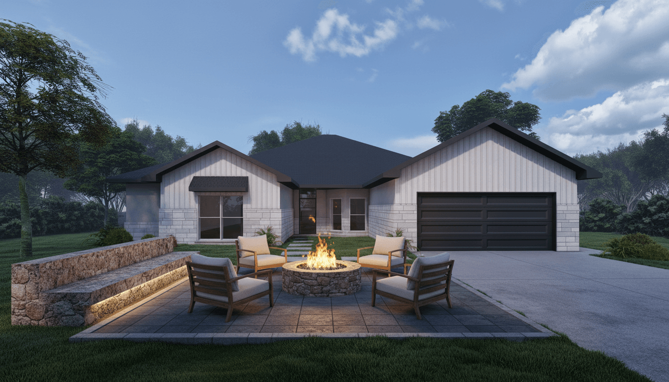 A fire pit lounge with four teak chairs and a granite fire pit, set on light gray pavers in front of a modern house.