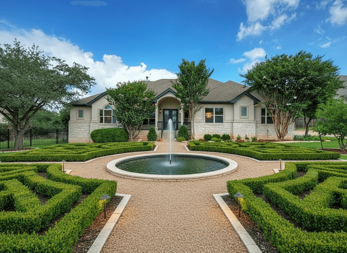 A formal courtyard garden with pale gravel paths, a round reflecting pool with a central jet, and sculpted boxwood parterre.