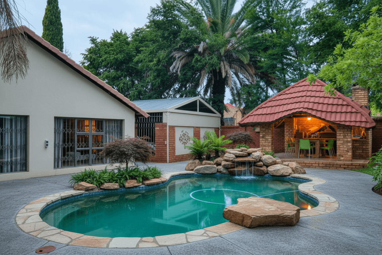A freeform lagoon pool with flagstone coping and a cool-gray concrete deck. A large flat jumping rock sits beside a cascading boulder spillw