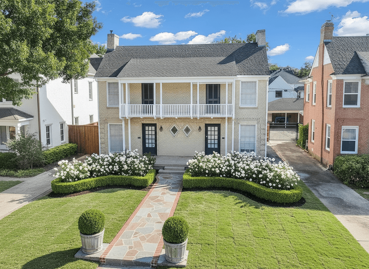 A two-story house with a bluestone walkway bordered by red brick, flanked by white shrub roses and boxwood.