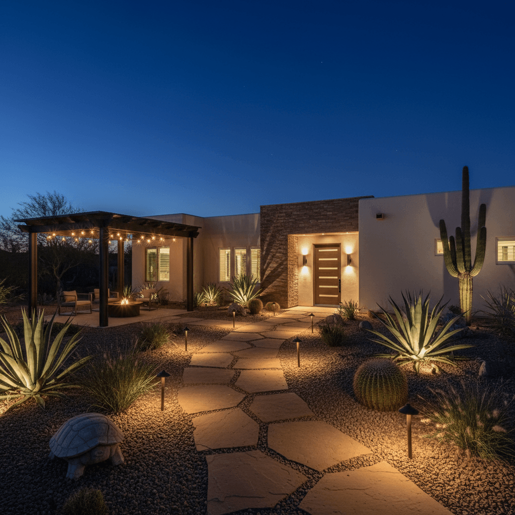 A desert home at dusk with a flagstone path, brass path lights, agave, cacti, and a pergola with string lights.