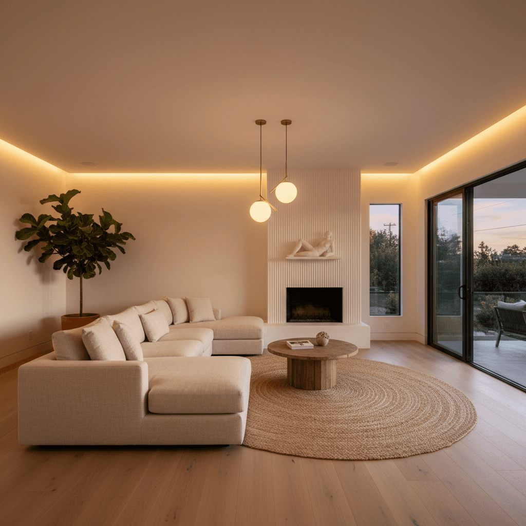 A modern living room with warm white walls, pale oak floors, an oatmeal linen sectional, and a round jute rug.