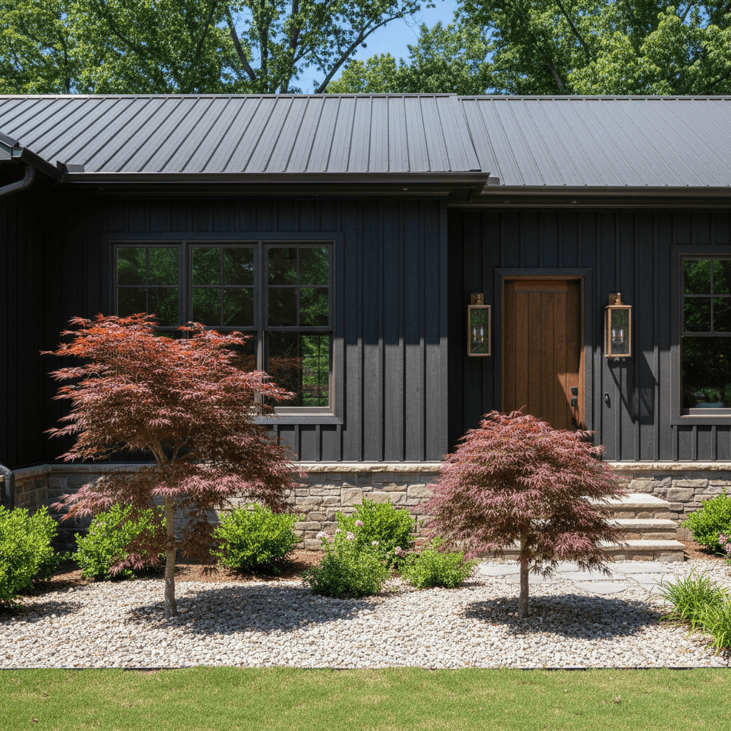 Exterior of a modern home with dark vertical timber siding, a low stone base, and a charcoal metal roof. Two Japanese maples are in a gravel