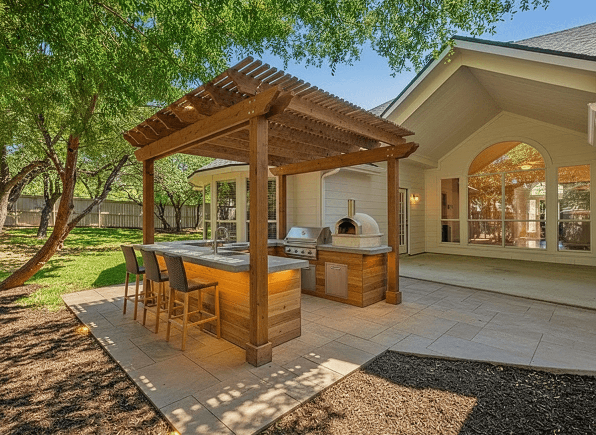 An outdoor kitchen featuring a cedar pergola, polished concrete countertops, and a built-in pizza oven, set on warm-gray pavers.
