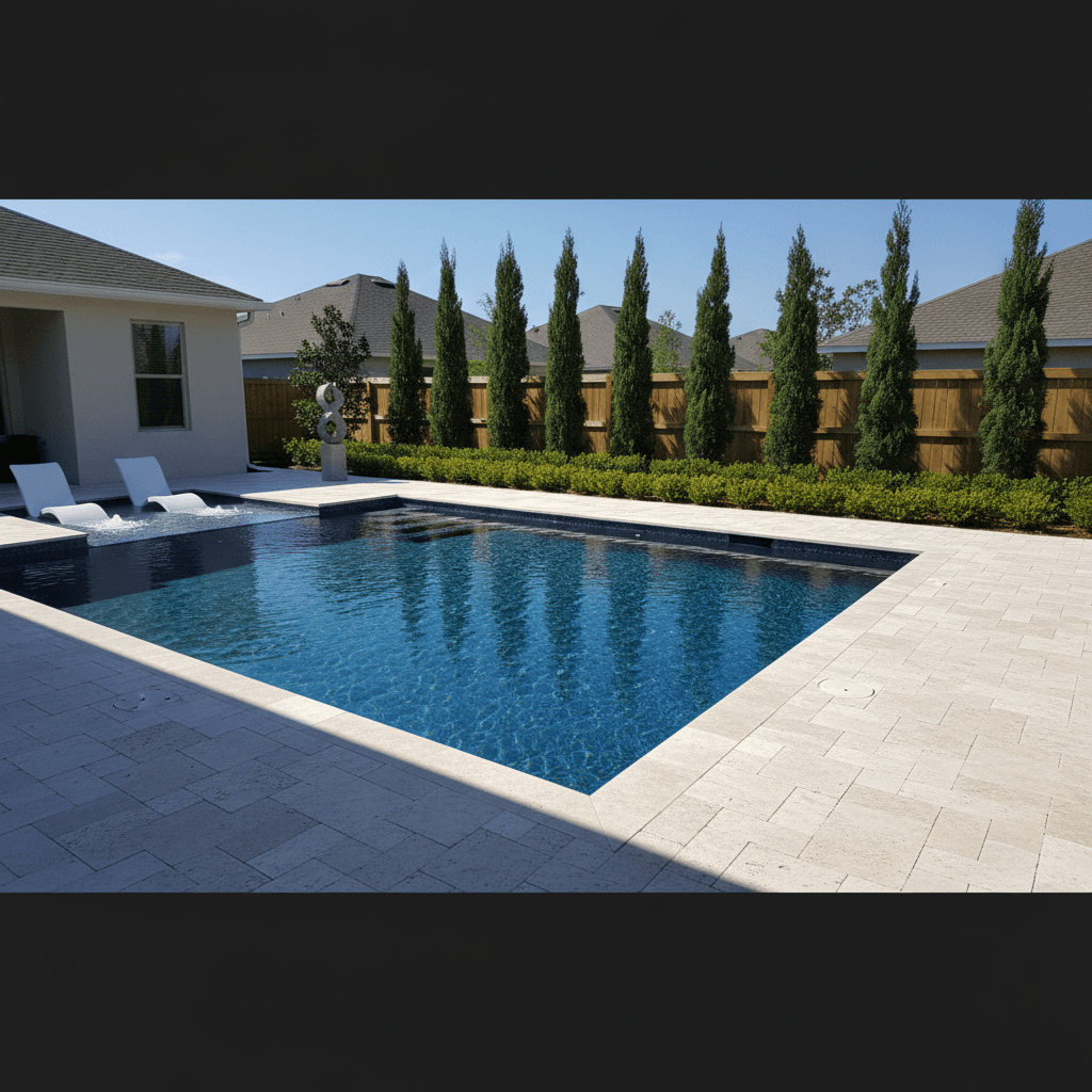 Rectangular pool with midnight blue pebble interior, light ivory travertine deck, sun shelf with loungers, and Italian cypress.