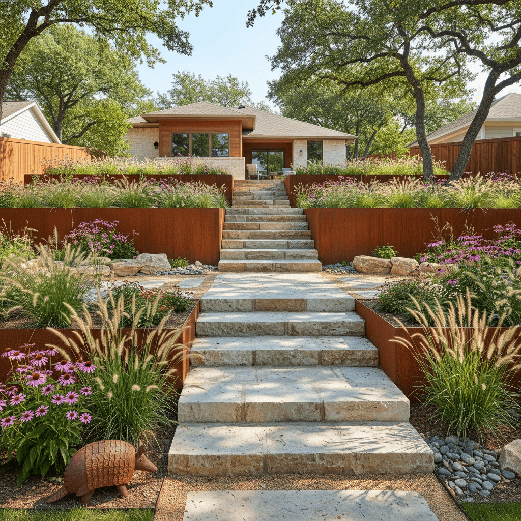 A terraced garden with corten steel retaining walls, wide stone steps, ornamental grasses, and coneflowers leading to a house.