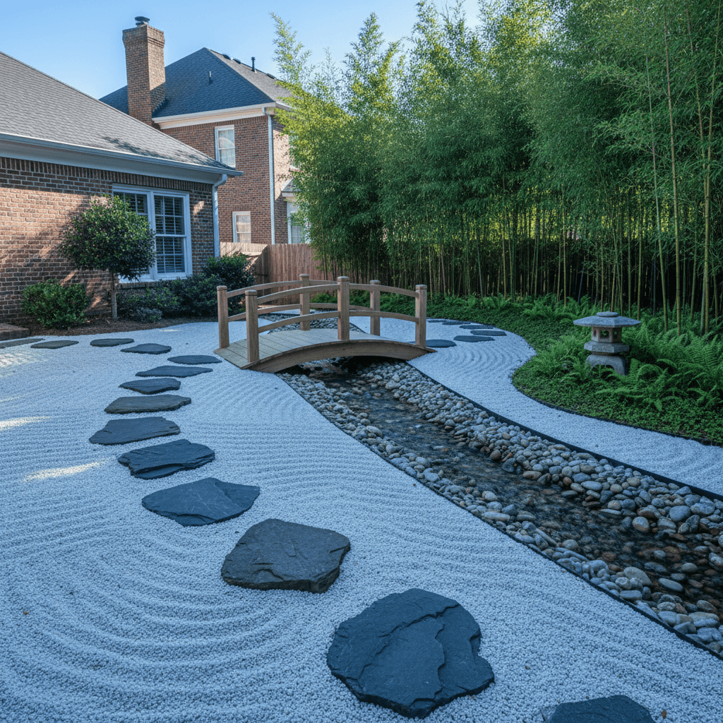 A Japanese-style garden featuring a cedar bridge over a stream, raked white gravel, and dark stepping stones.