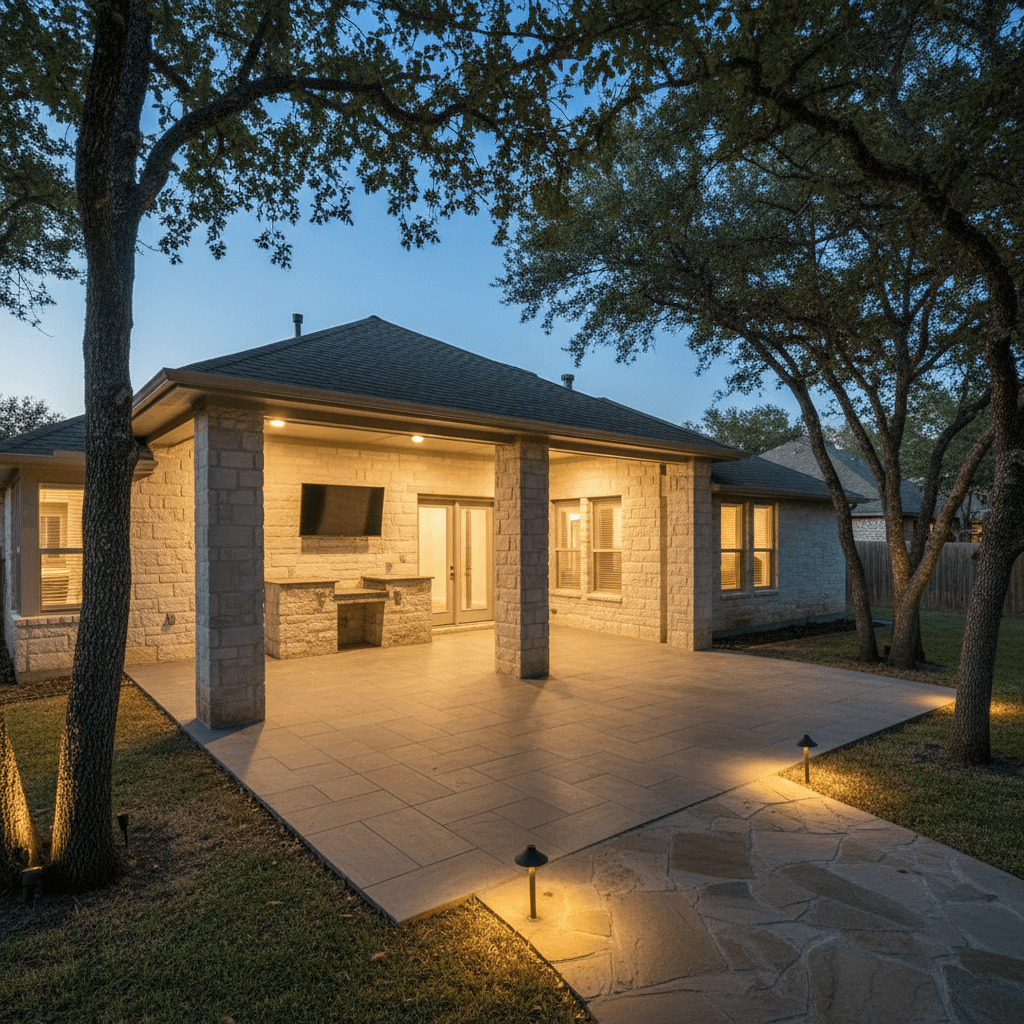 A covered patio with a large-format warm-gray tile floor, stacked limestone columns, and a wall-mounted TV over a stone console.