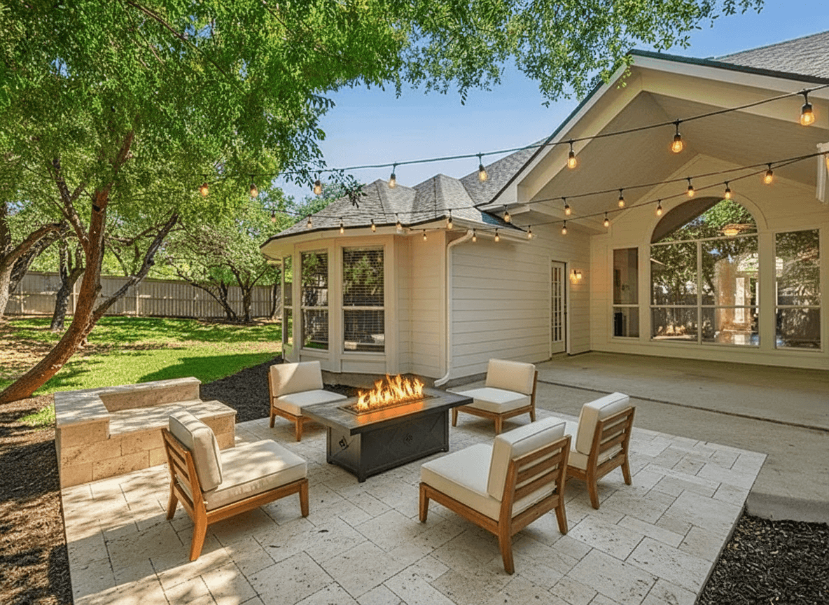 Outdoor patio with light travertine pavers, four teak lounge chairs with oatmeal cushions, and a square fire pit.