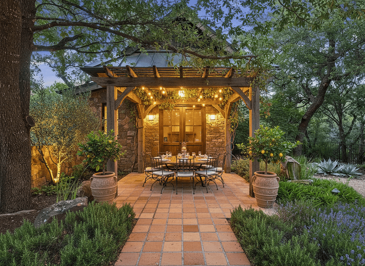 An outdoor dining terrace with terracotta tiles, a rustic wooden pergola, lemon trees in urns, and lush Mediterranean plants.