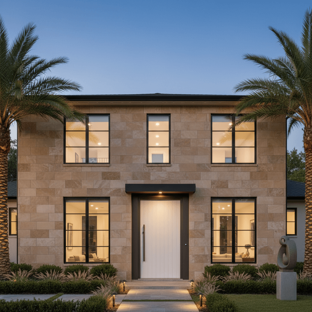 A two-story house with warm limestone cladding, black-framed windows, and a white front door, flanked by palm trees.