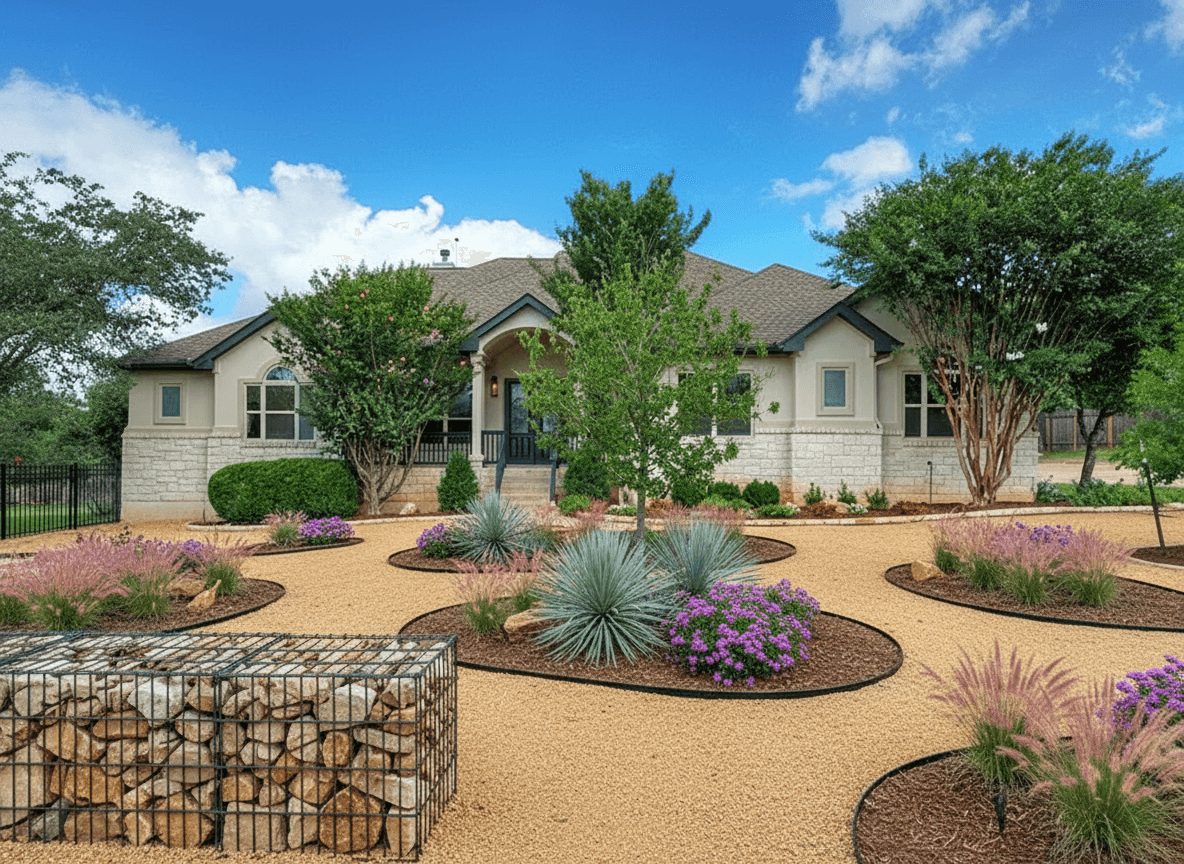 A xeriscaped front yard with golden decomposed granite paths, a gabion wall, desert spoon, lantana, and pink muhly grass.
