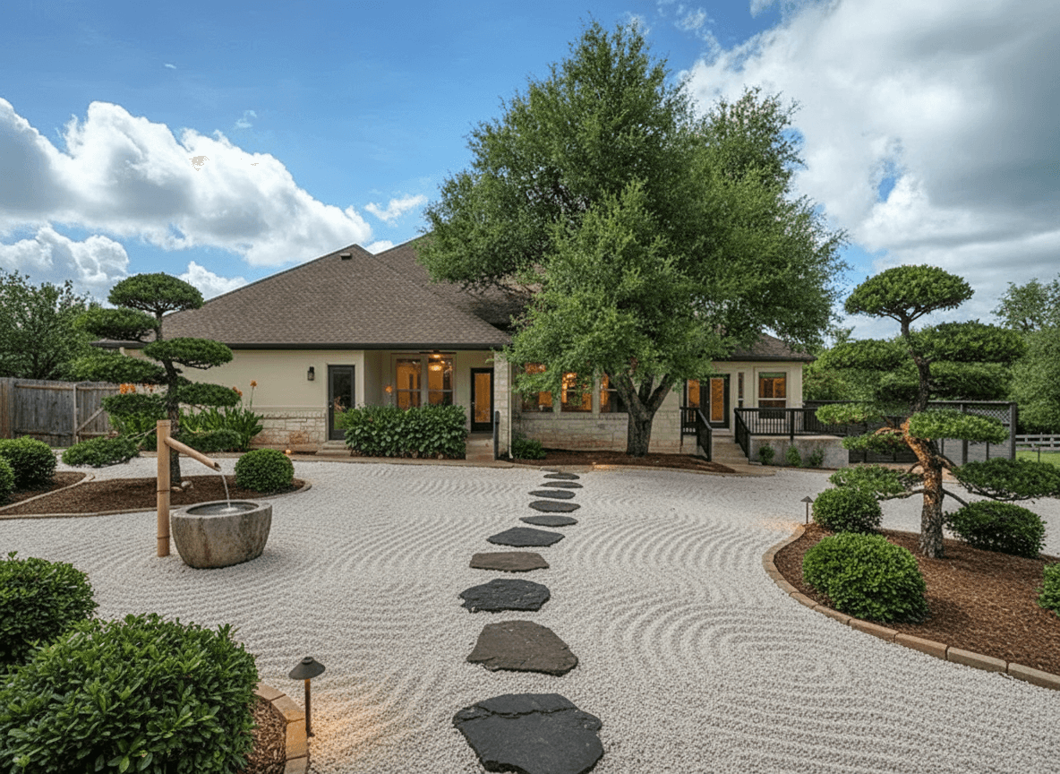 A Japanese-style garden featuring raked white gravel, charcoal stepping stones, a bamboo water spout, and cloud-pruned trees.