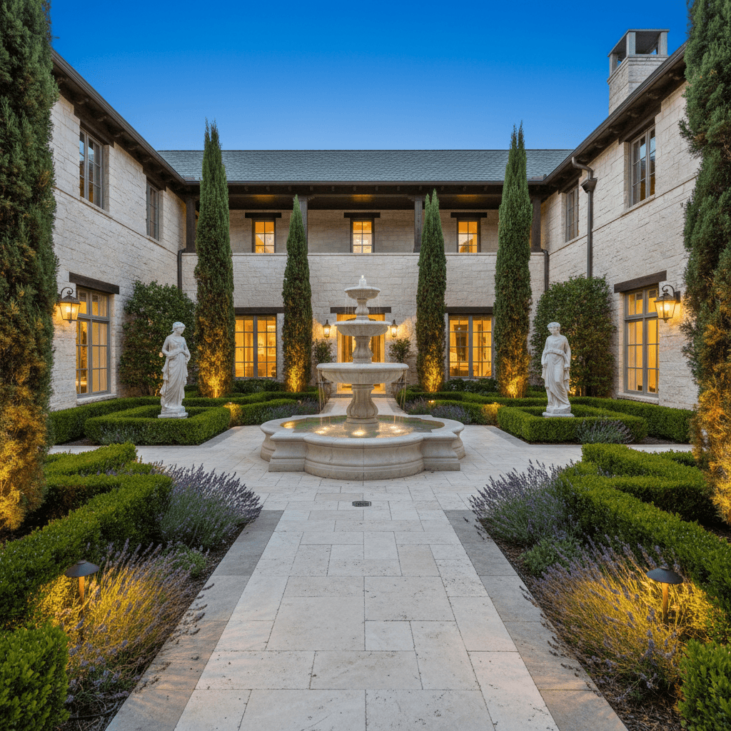 A formal courtyard garden at dusk with a tiered fountain, travertine paving, boxwood hedges, Italian cypress, and lavender.