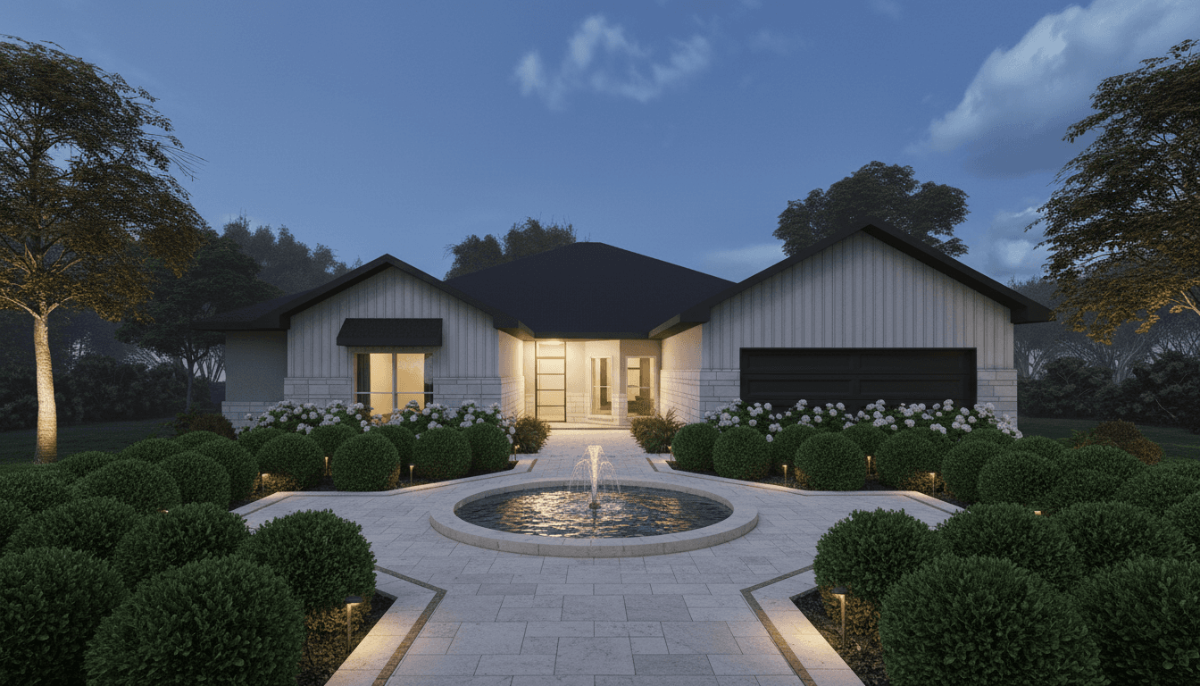 A formal courtyard garden at dusk with a round reflecting pool, travertine paving, and lush green boxwood shrubs.