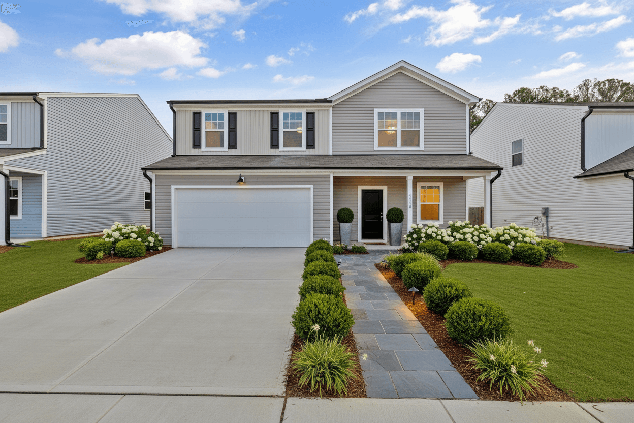 A modern gray house with a charcoal slate walkway, boxwood shrubs, white hydrangeas, and liriope plants.