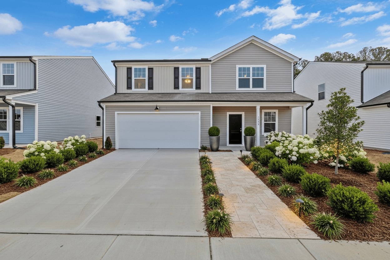 A modern house with a light gray exterior, a concrete driveway, and a travertine walkway flanked by lush landscaping.