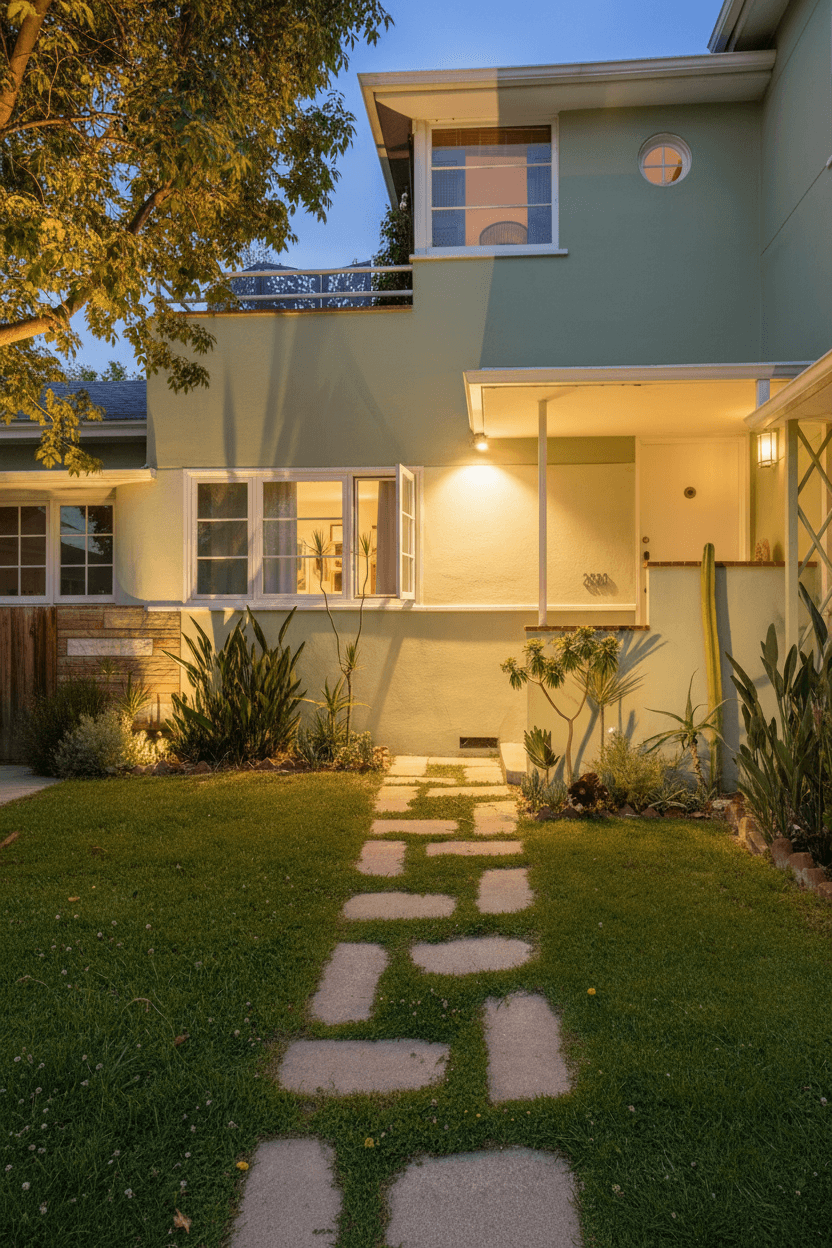 A mint green house with warm landscape lighting on the facade and tree canopies, and a stepping stone path.
