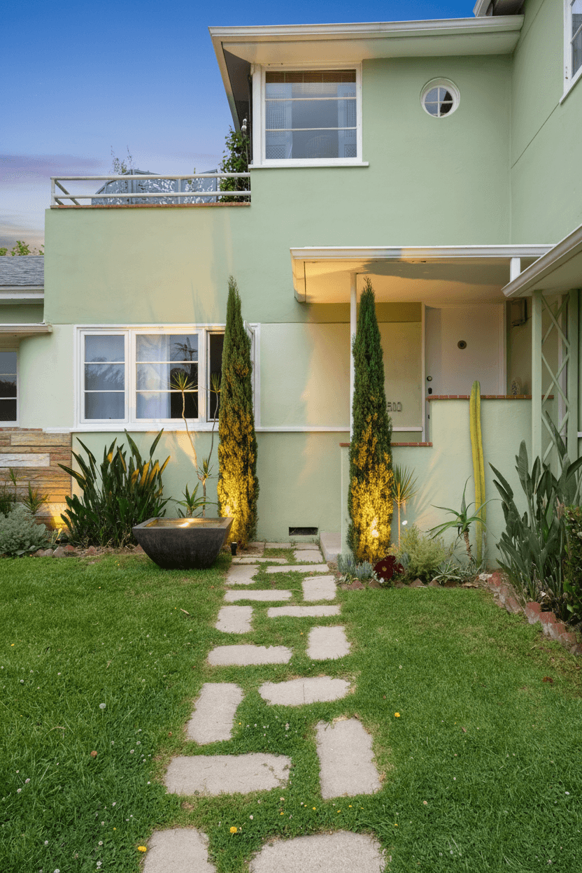 A light green house with a front yard featuring a stone path, green lawn, uplit Italian cypress trees, and a glowing water feature.