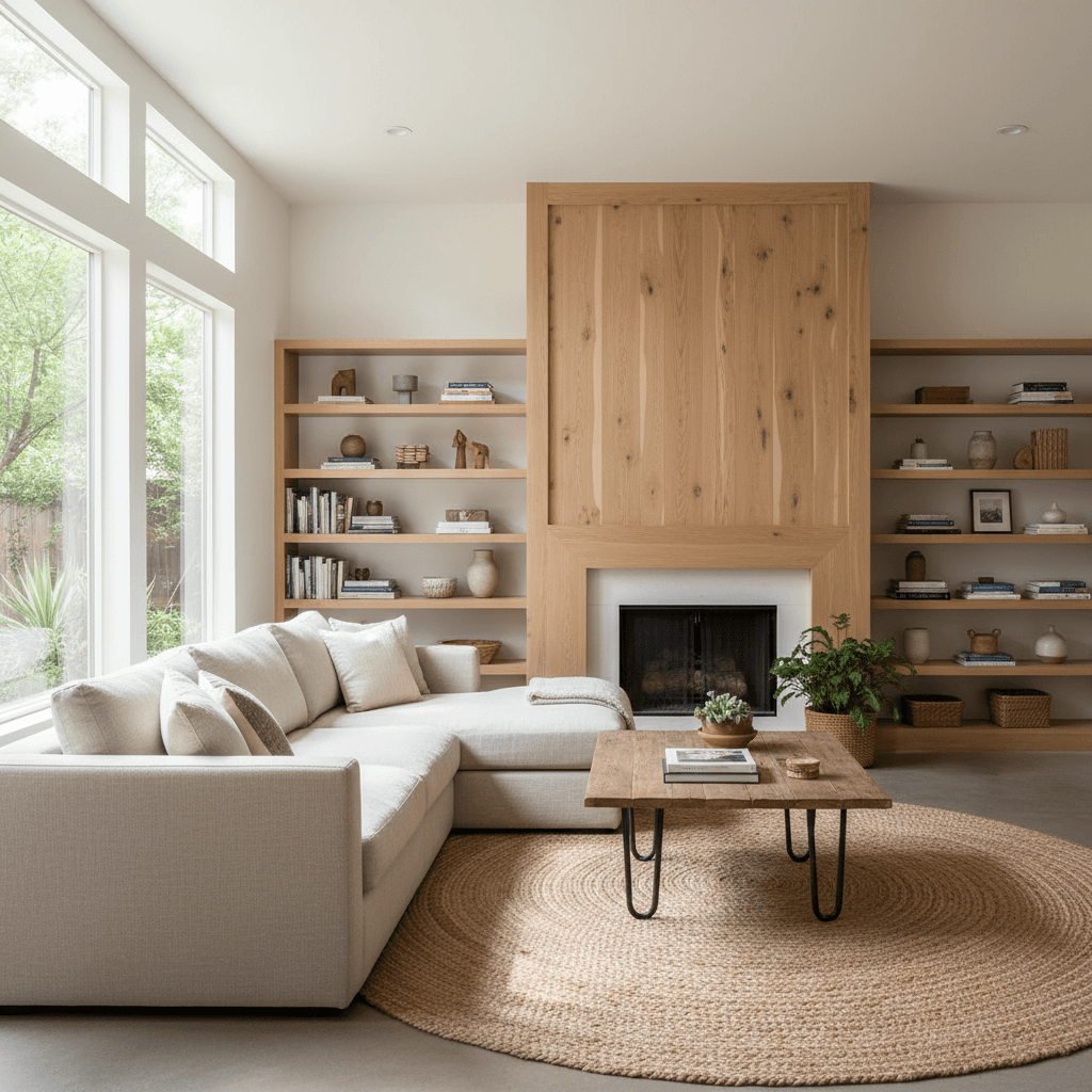 A modern living room with a light-colored sectional, a round jute rug, and a white oak fireplace with built-in shelving.