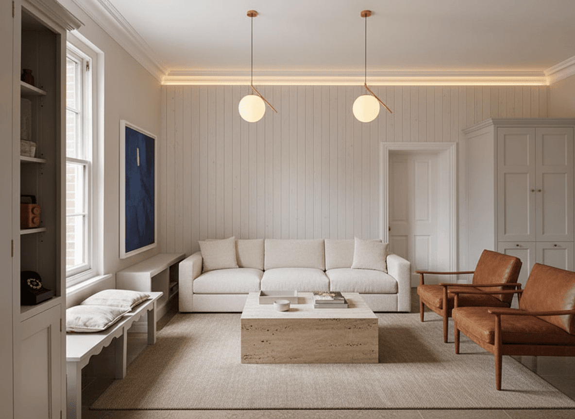 A bright living room with a cream boucle sofa, two cognac leather chairs, a travertine coffee table, and white oak wall paneling.