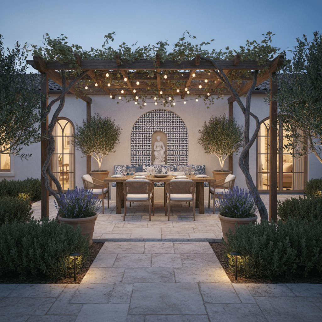 An outdoor dining terrace with a wooden pergola, string lights, a long table, and a built-in mosaic tile bench.