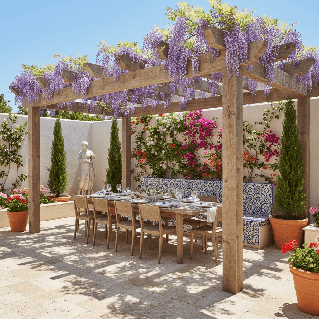 An outdoor dining terrace with a timber pergola covered in wisteria, a long dining table, and a mosaic tiled bench.