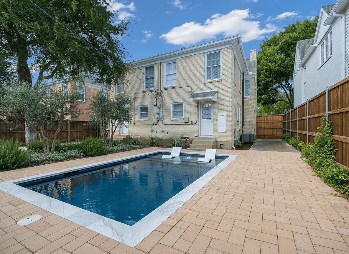 Rectangular pool with white marble coping, warm sand-colored pavers, olive trees, and in-water loungers.