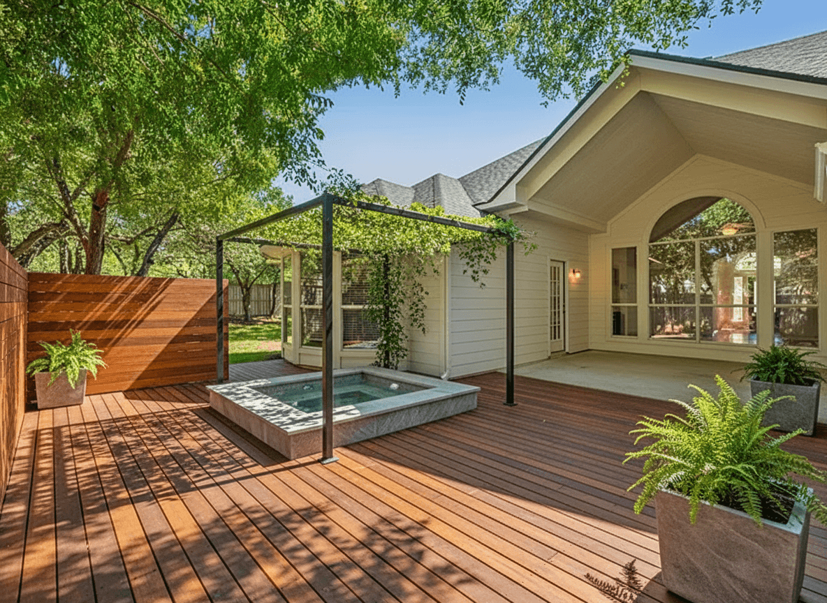 An ipe hardwood deck with a built-in square hot tub, a black steel pergola with climbing jasmine, and potted ferns.
