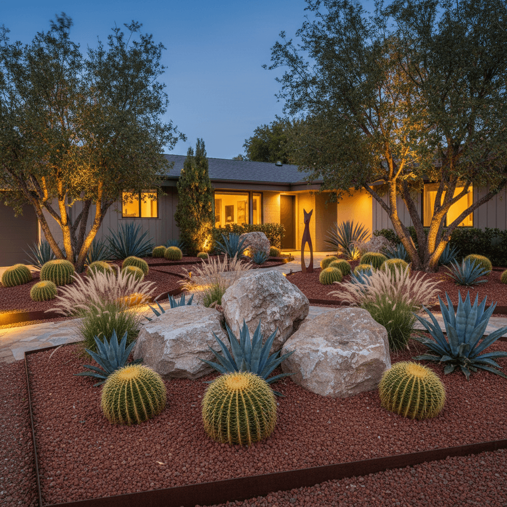A desert xeriscape garden at dusk with red crushed stone, large boulders, barrel cacti, agave, and ornamental grasses.