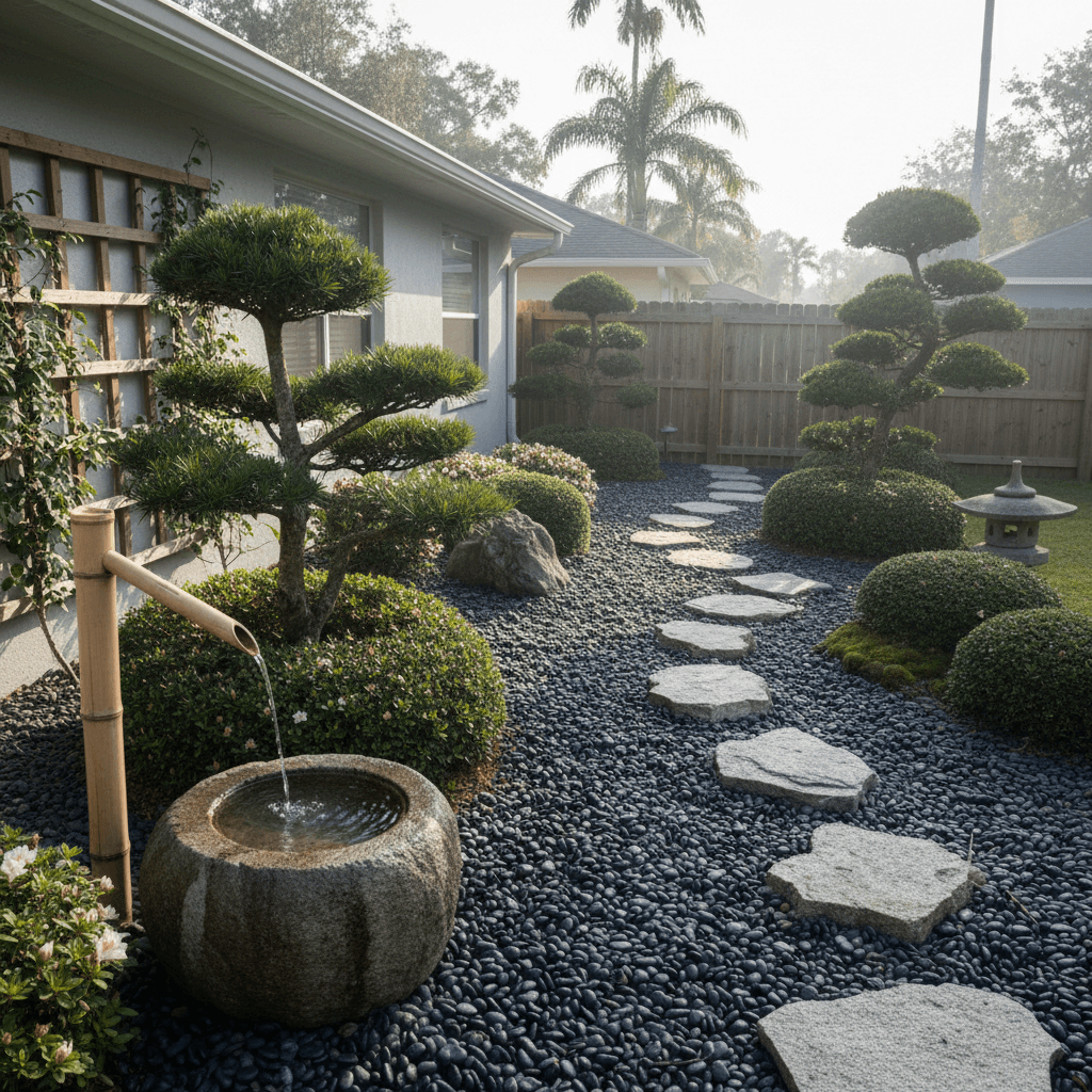 A Japanese-style garden with a bamboo water spout dripping into a stone basin, cloud-pruned pines, and a path of stepping stones over dark r