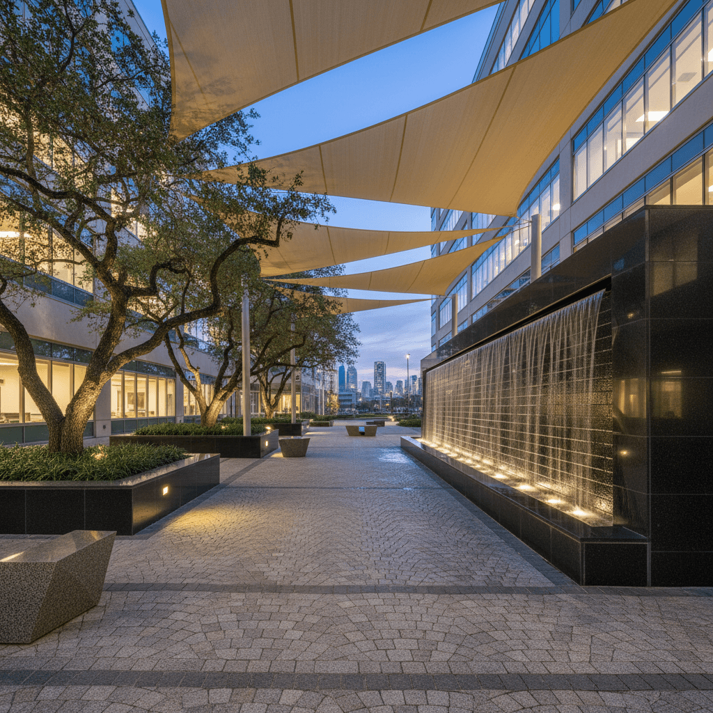 A commercial courtyard with granite setts, sand-colored shade sails, a black granite water wall, and live oaks.