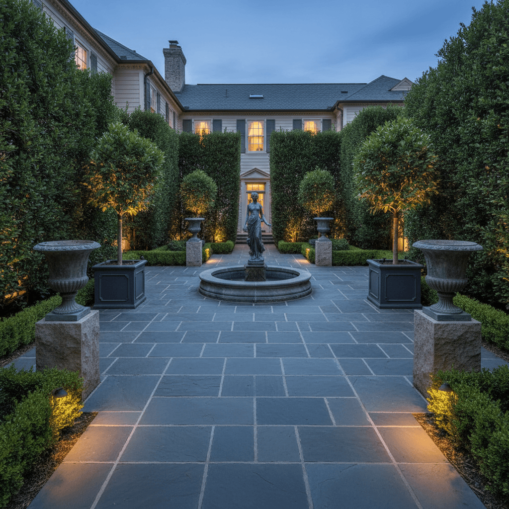 A formal courtyard at dusk with dark slate pavers, tall green hedges, and stone urns on pedestals marking the corners.