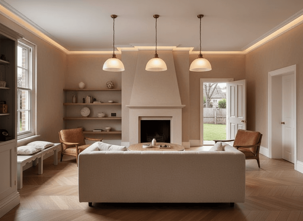 A living room with warm clay limewash walls, a cream boucle sofa, cognac leather chairs, and a plaster fireplace.