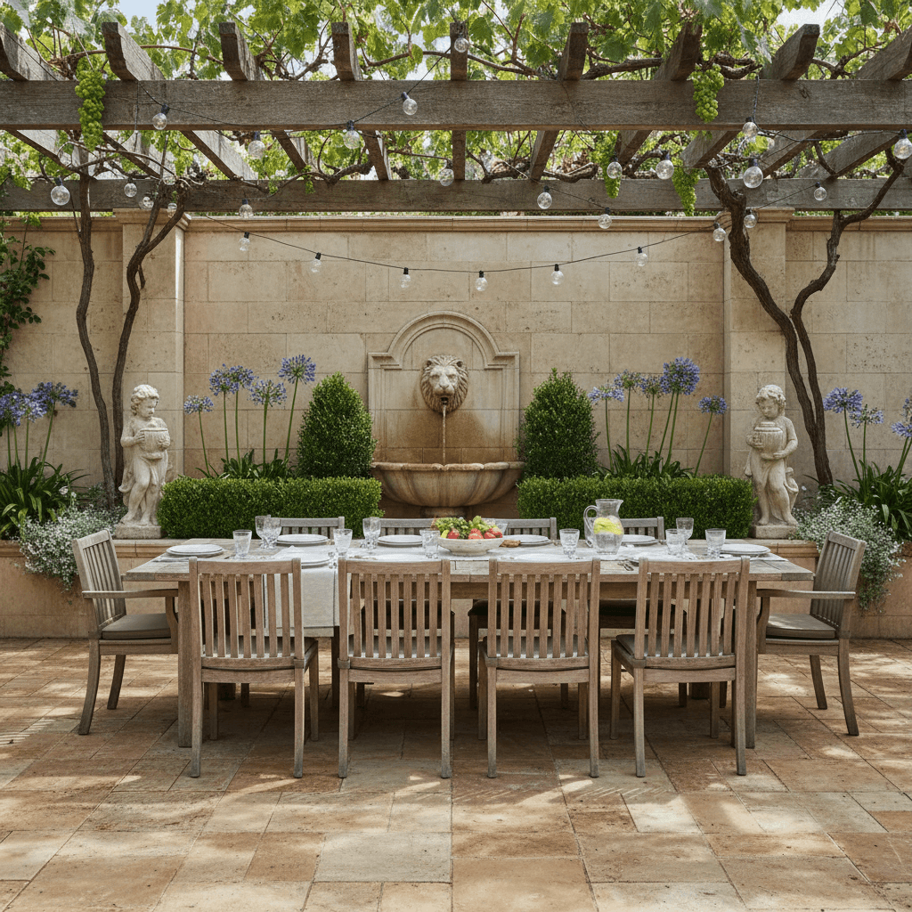 A Mediterranean-style outdoor dining terrace with a long wooden table, a limestone wall, and a lion's head fountain.
