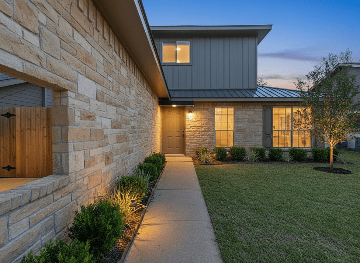 Exterior view of a home with warm limestone cladding, a charcoal standing-seam metal roof, and boxwood and ornamental grass planting.
