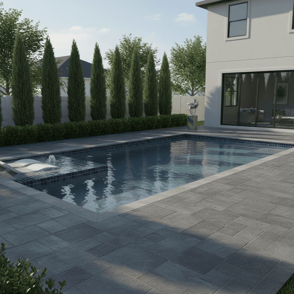 Rectangular pool and patio with gray pavers, a sun shelf with two white loungers, and a row of Italian cypress.