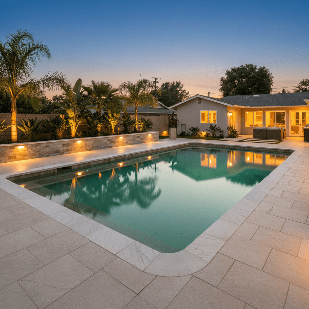 A rectangular pool with white marble coping and light pavers, backed by a lit planter wall and palm trees at dusk.