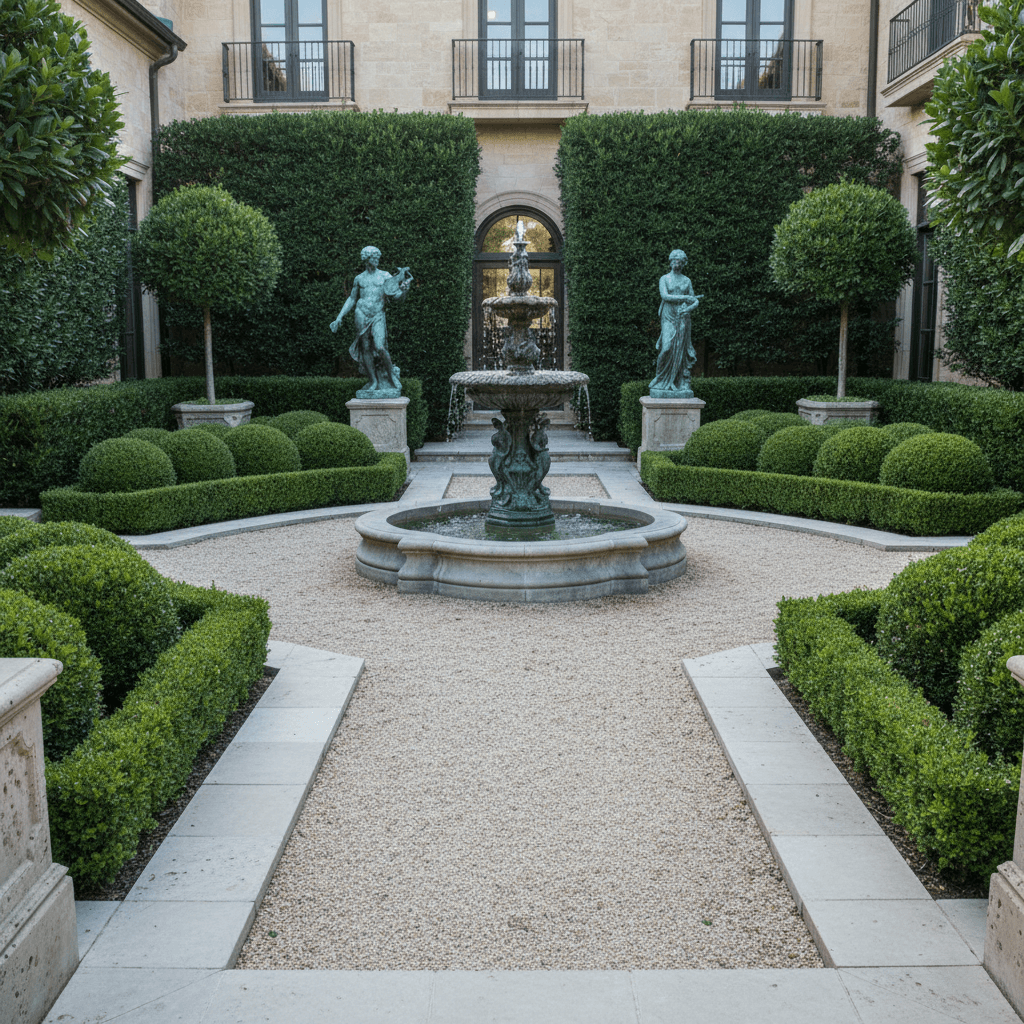 A formal courtyard garden featuring pale crushed gravel paths, cut limestone edging, a central tiered fountain, and two bronze figurative st