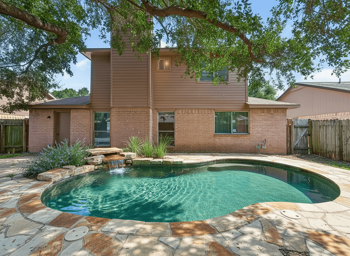 A freeform lagoon pool with flagstone coping and patio, an aqua-green pebble interior, and a cascading boulder spillway.
