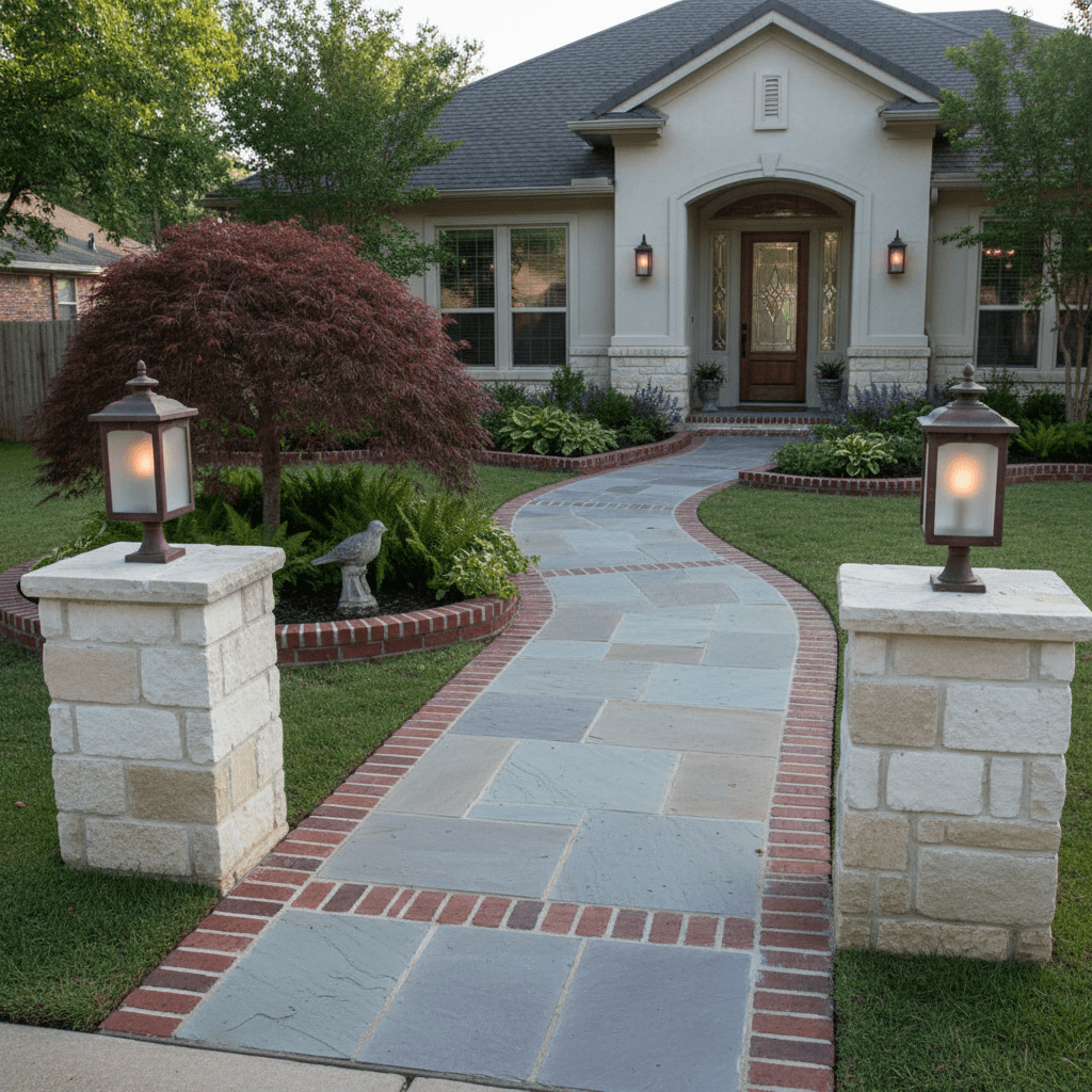 A curved bluestone walkway with a red brick border leads to a house. Limestone piers with lanterns flank the start of the path. A Japanese m