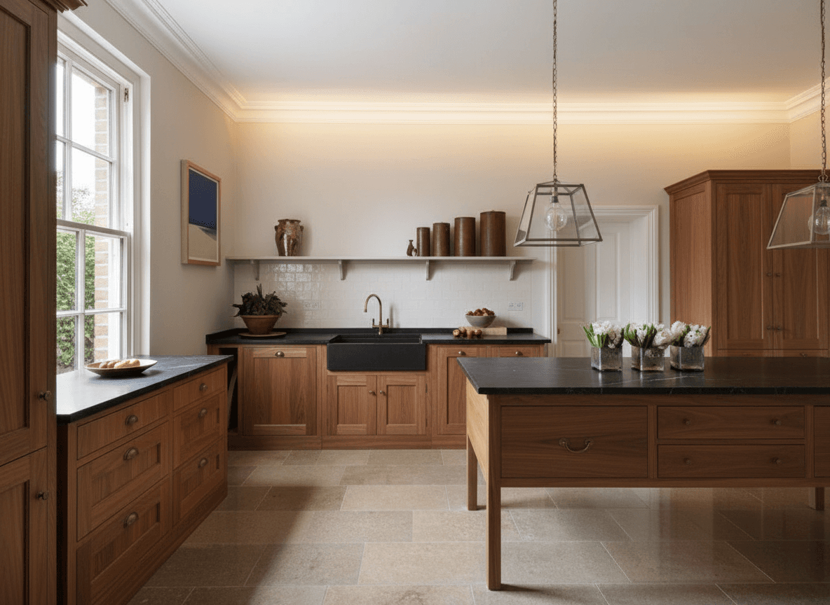 A kitchen with warm walnut cabinetry, honed black soapstone counters, and a white zellige tile backsplash.