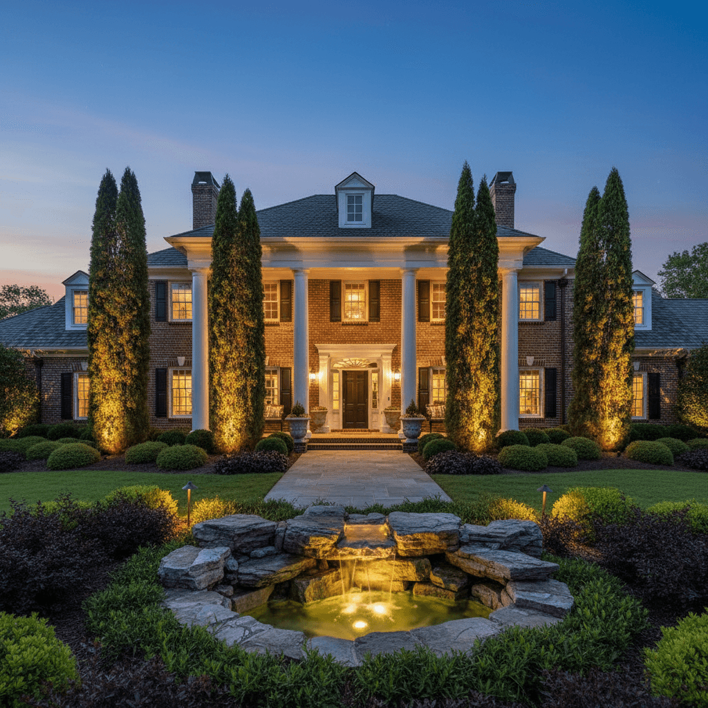 A grand brick house with a portico and white columns, flanked by uplit Italian cypress trees and a glowing rock water feature.