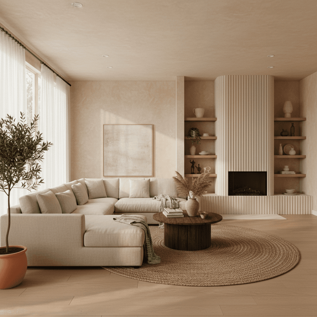 A modern living room with warm limewash walls, an oatmeal sectional, a jute rug, and a fluted plaster fireplace.