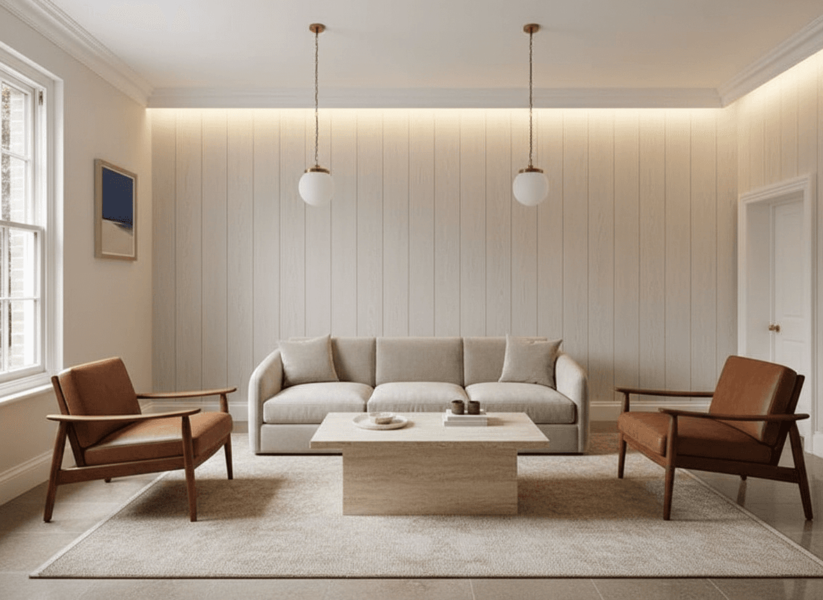 A modern living room with white oak wall paneling, a cream sofa, two cognac leather chairs, and a travertine coffee table.