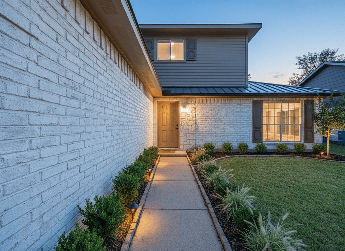 Exterior of a home with limewashed brick, a charcoal metal roof, and boxwood and ornamental grass landscaping.